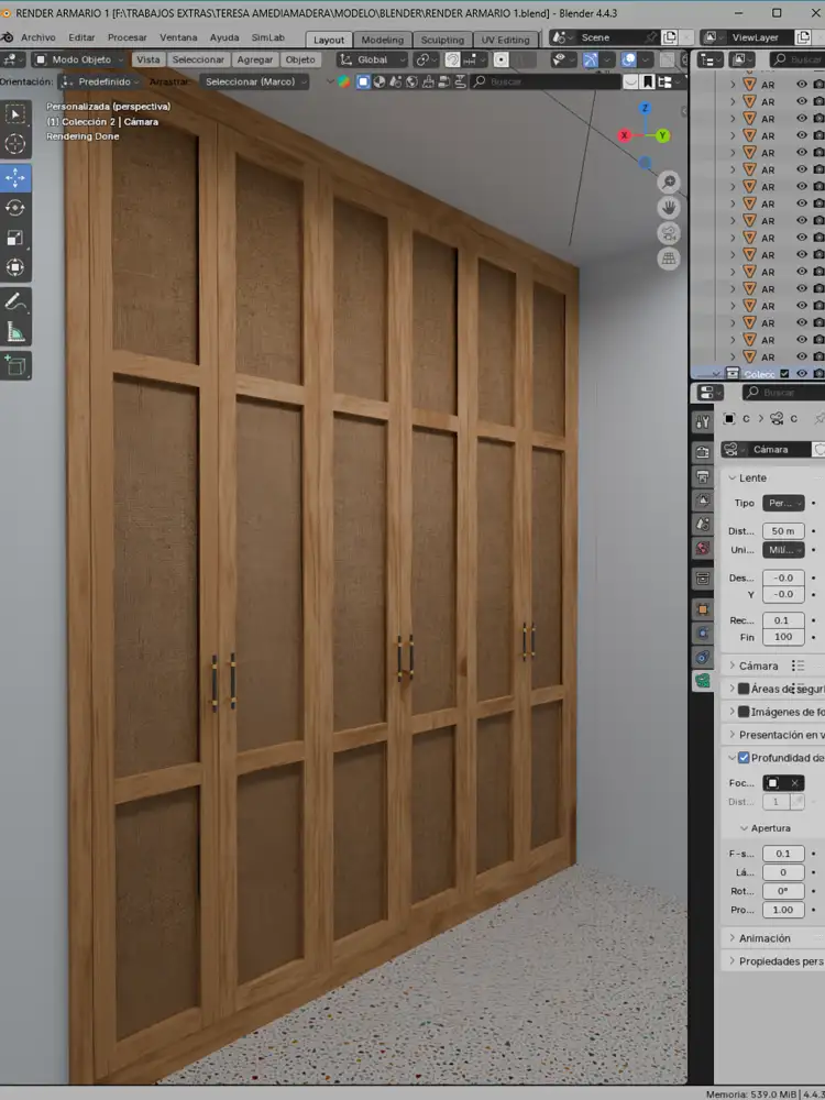 Blender Render de armario empotrado pino tintado y ratán
